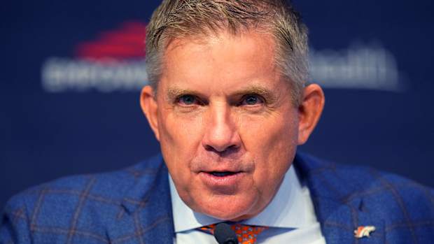 Feb 6, 2023; Englewood, CO, USA; Denver Broncos head coach Sean Payton speaks at the UCHealth Training Center.